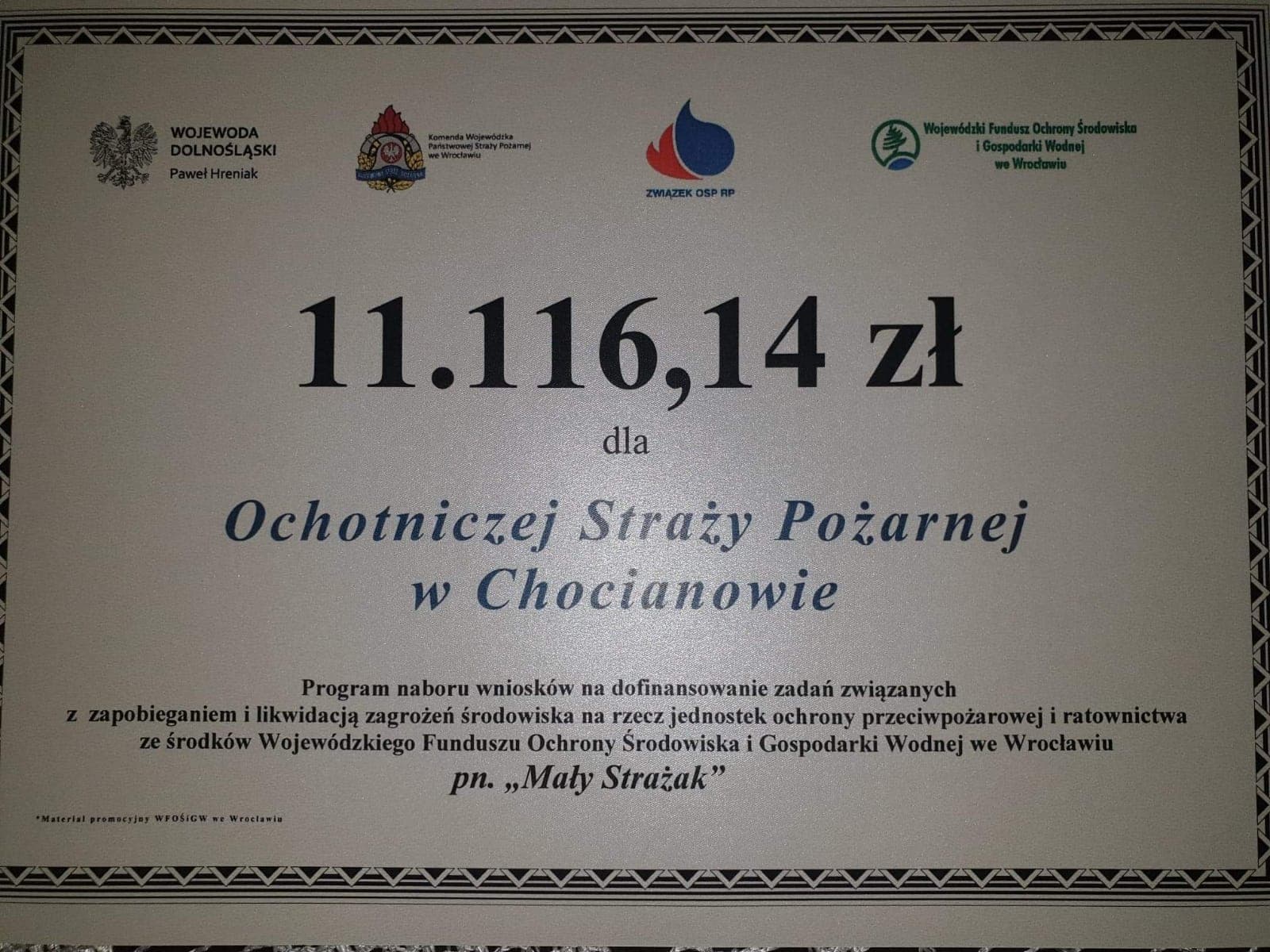 Promesa dla Ochotniczej Straży Pożarnej w Chocianowie 
